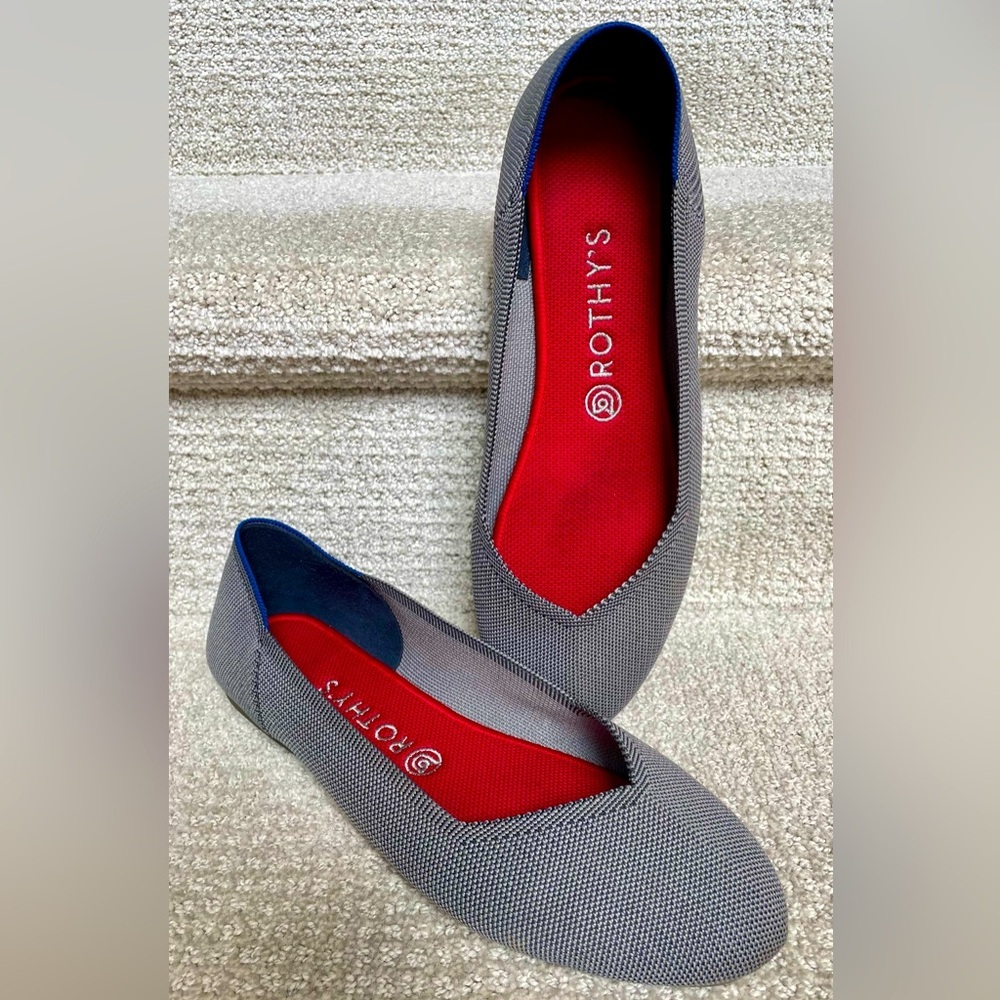 Rothy's Light and Dark Blue Grey Weave Slip On Classic Flat Red Insole Washable
